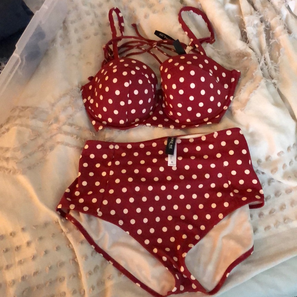 Red polka dot high waist bikini